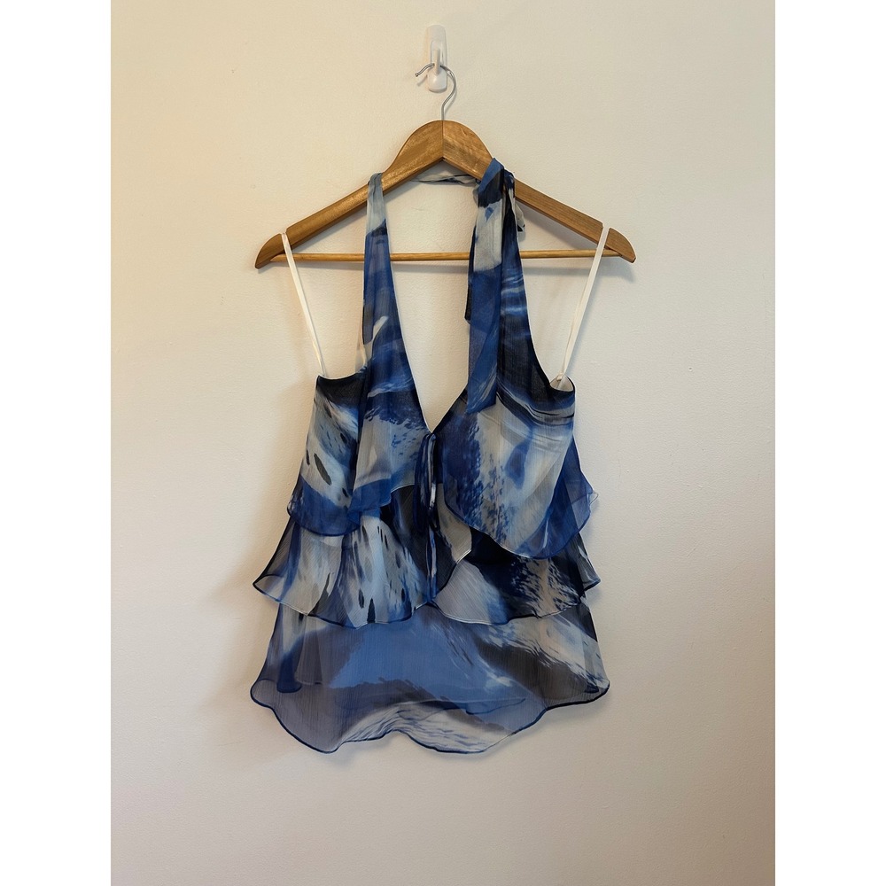 BCBGMAXAZRIA Silk Tiered Ruffle Halter Top in Blue Abstract Print | Size XS